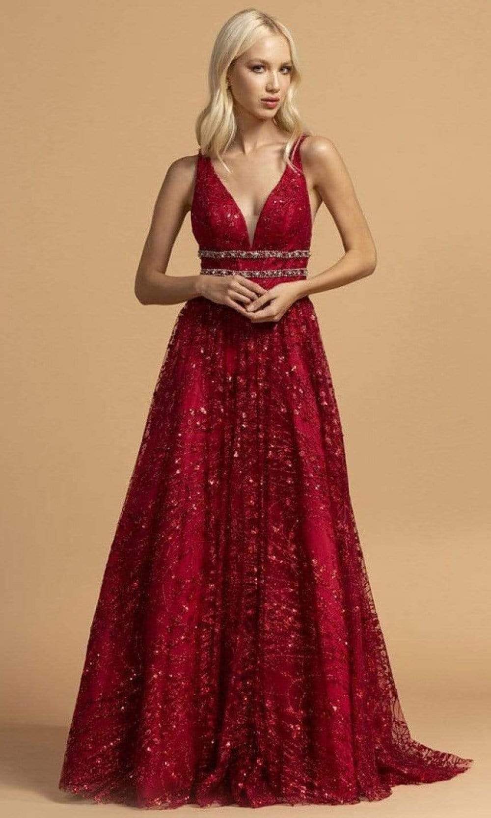 Image of Aspeed Design - L2149 Beaded V Neck A-Line Gown