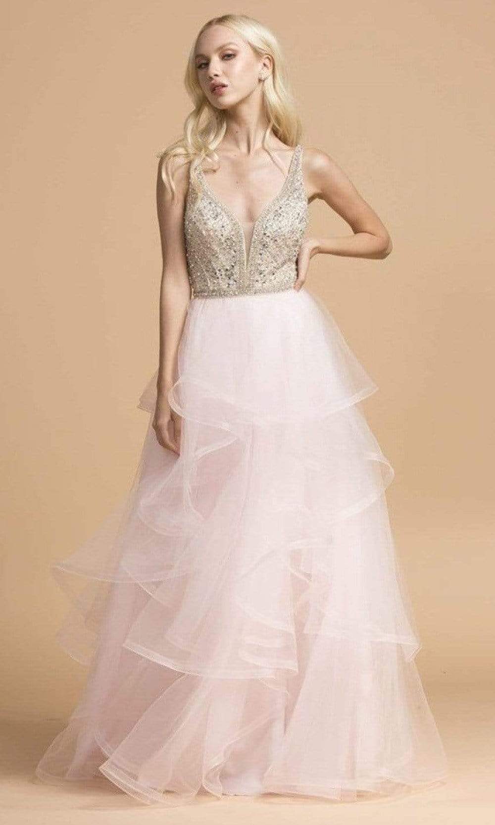Image of Aspeed Design - L2162 Beaded V-Neck Tiered Tulle Dress