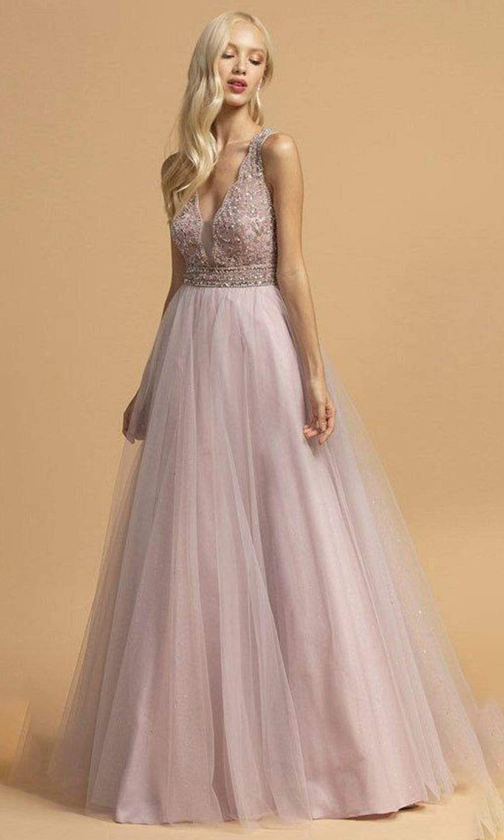 Image of Aspeed Design - L2181 Beaded Cutout Back Tulle Dress