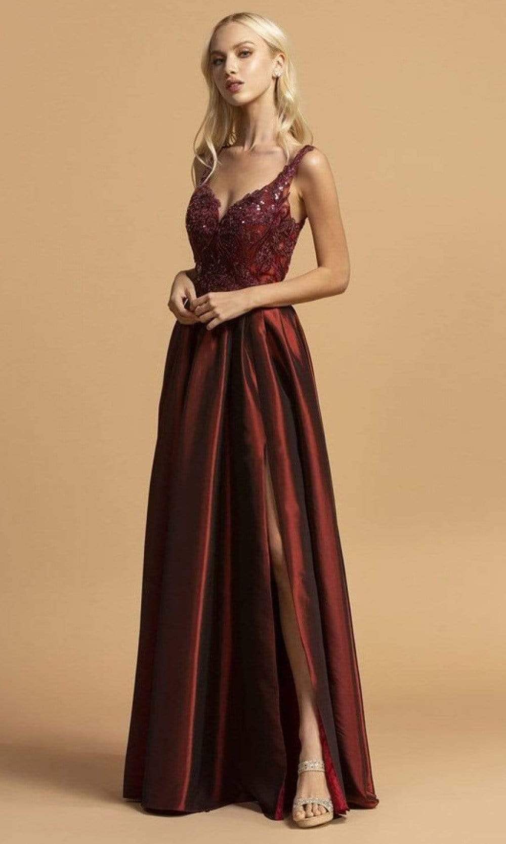 Image of Aspeed Design - L2241 Ornate High Slit Taffeta A-Line Dress