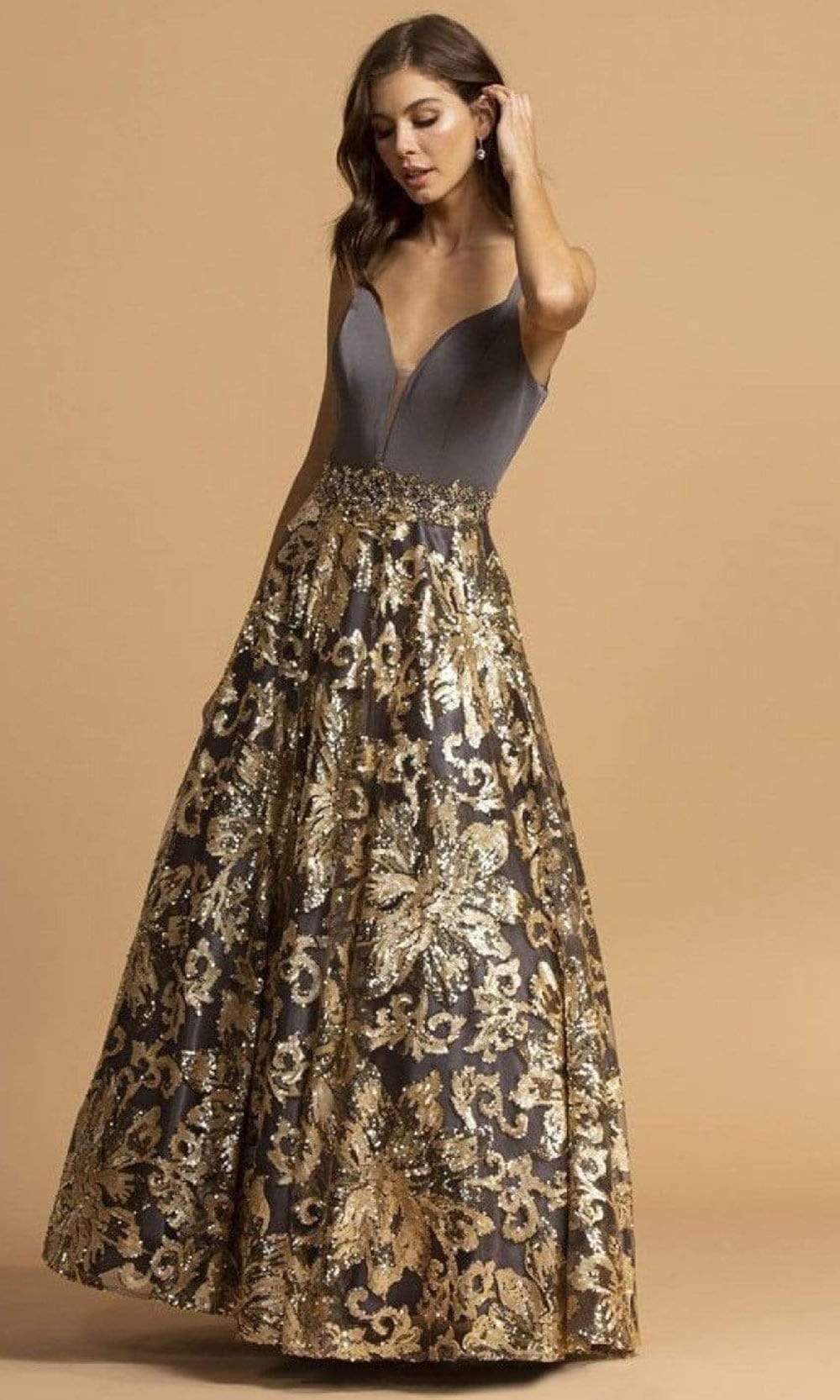 Image of Aspeed Design - L2245 Sleeveless Gold Sequin Appliqued Dress