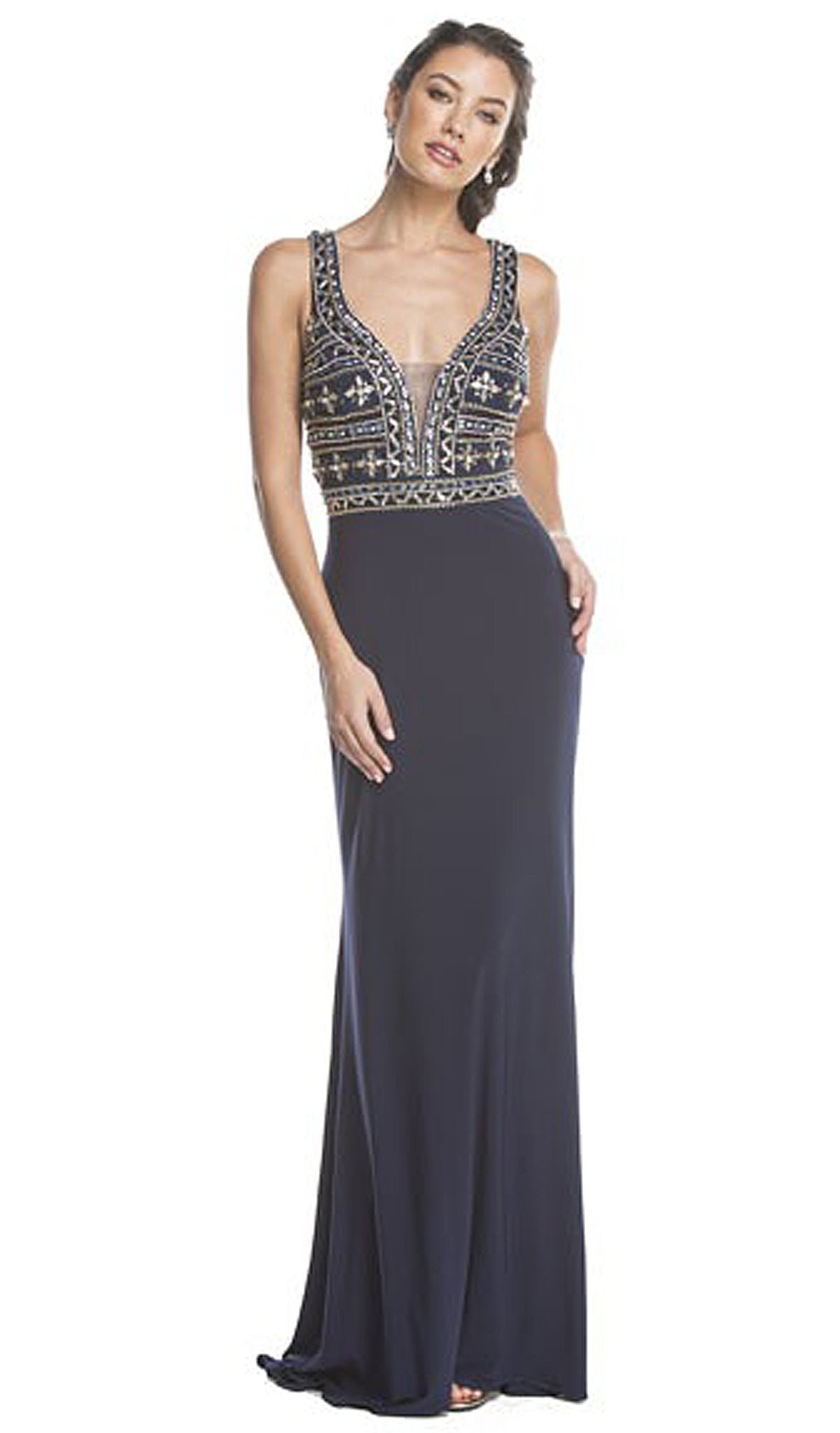 Image of Aspeed Design - Plunging Embellished Sheath Evening Gown