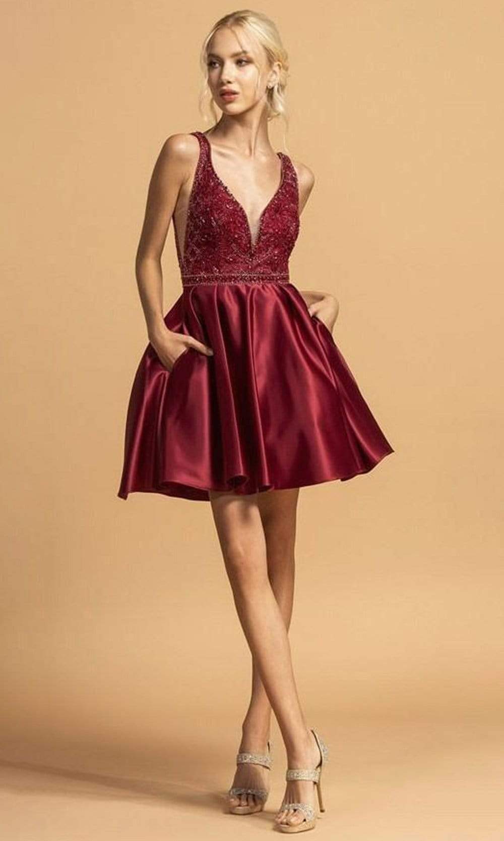 Image of Aspeed Design - S2139 Ornate Sleeveless Satin Short Dress