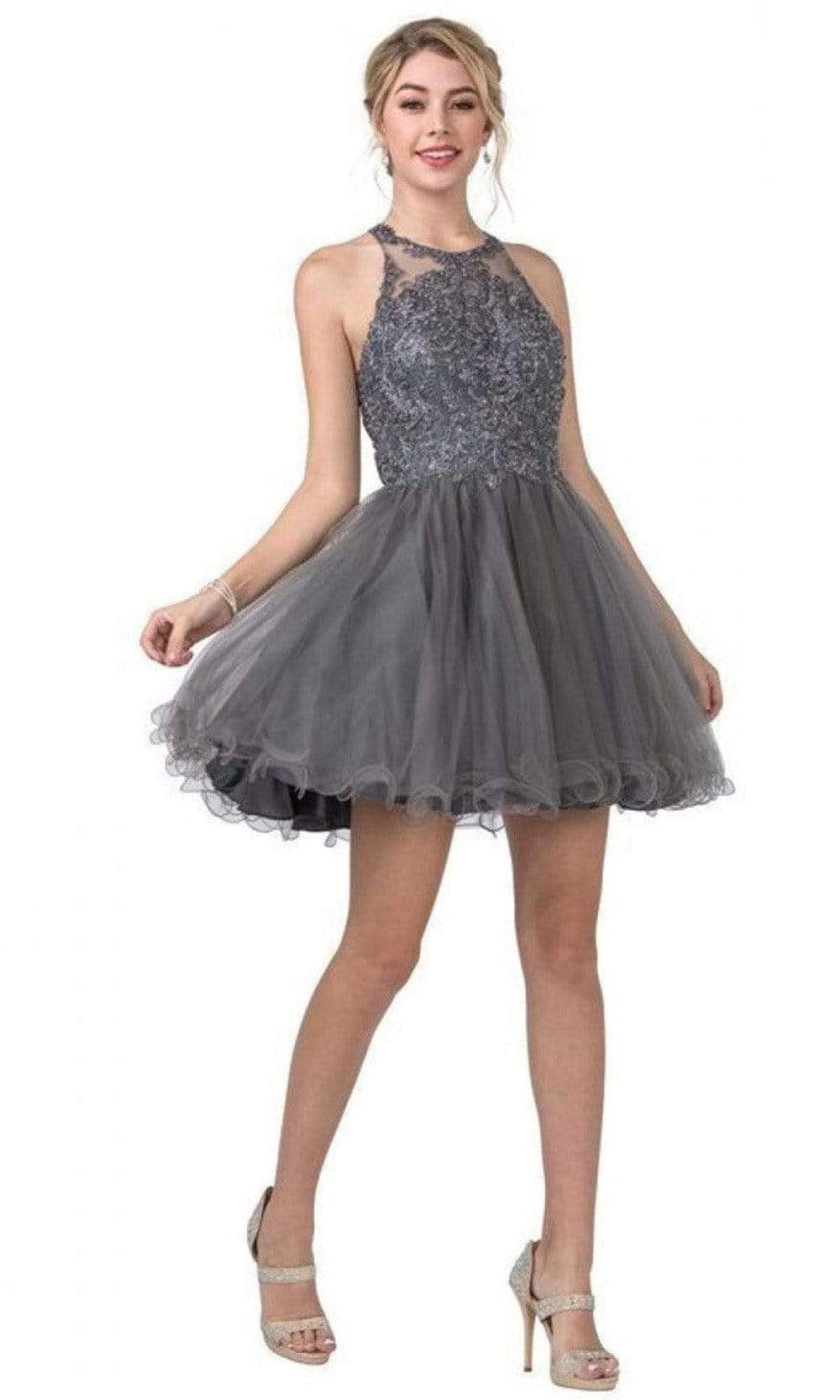 Image of Aspeed Design - S2335 Appliqued Strappy Back Short Dress