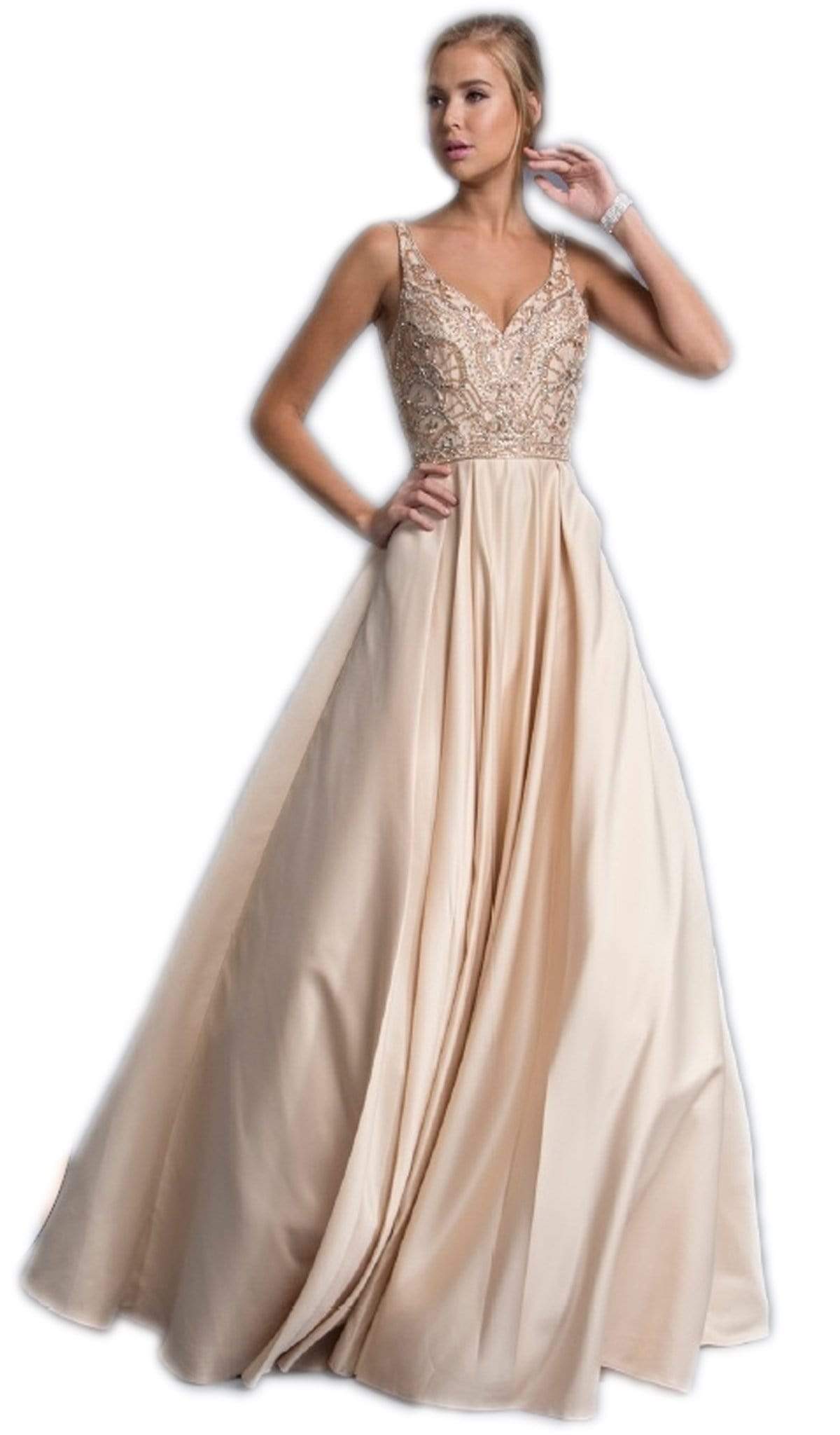 Image of Aspeed Design - Sleeveless Embellished V-neck A-line Prom Gown