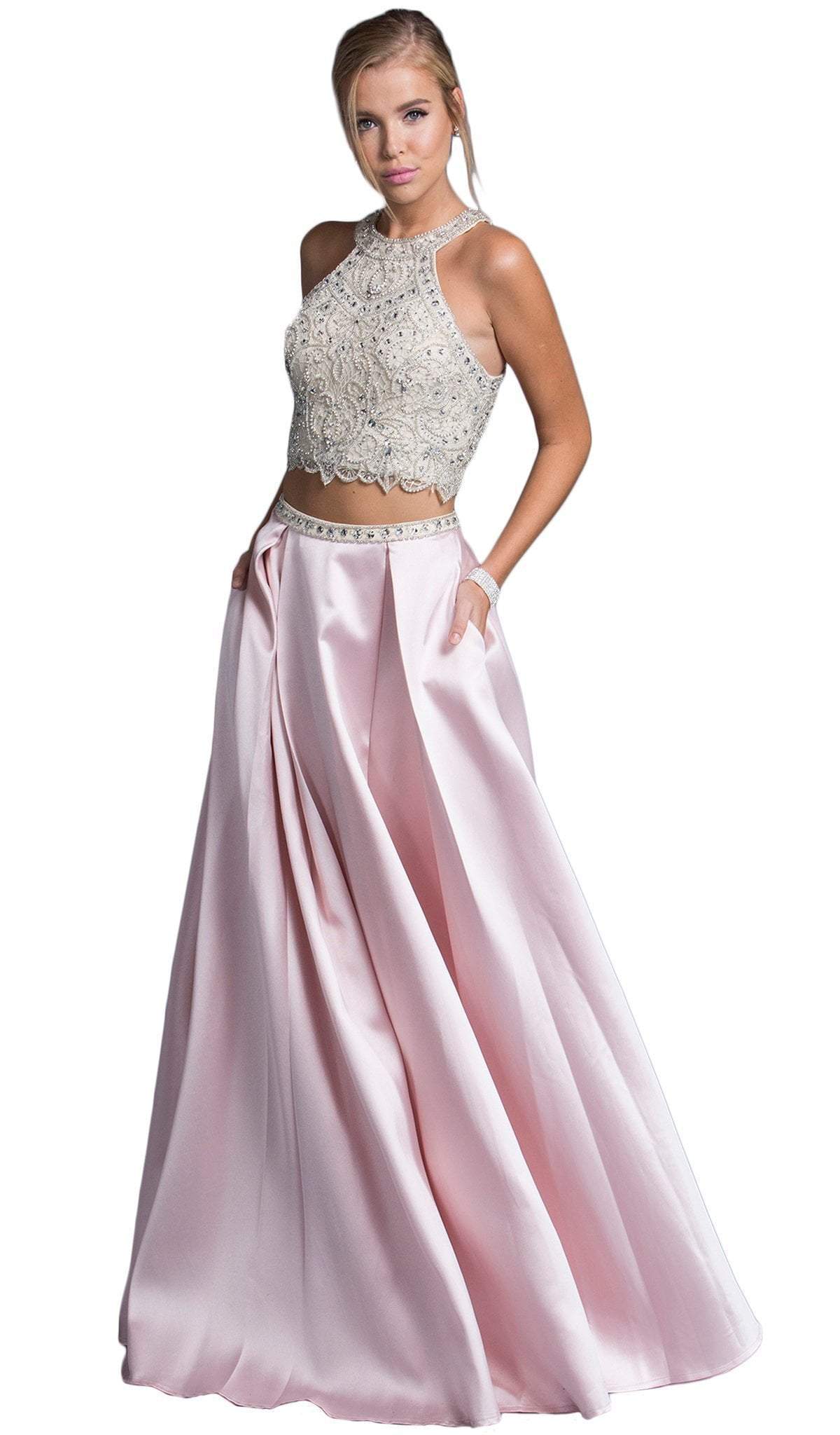 Image of Aspeed Design - Two Piece Bejeweled Halter Prom Gown