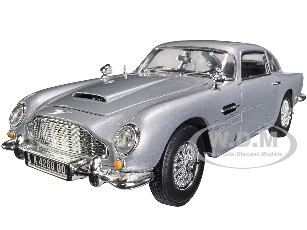 Image of Aston Martin DB5 Coupe RHD (Right Hand Drive) Silver Birch Metallic (Damaged Version) James Bond 007 "No Time to Die" (2021) Movie "Silver Screen Mac