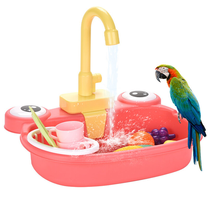 Image of Automatic Bird Bath Tub with Faucet Pet Parrots Fountains SPA Pool Cleaning Tool Safe Play House Kitchen Sink Birds Toy