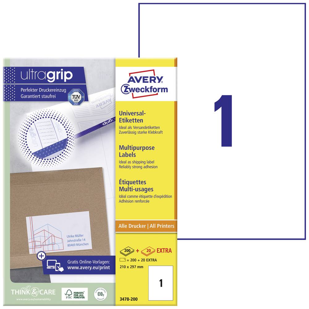 Image of Avery-Zweckform 3478-200 All-purpose labels 210 x 297 mm Paper White 200 pc(s) Permanent adhesive Laser colour Laser