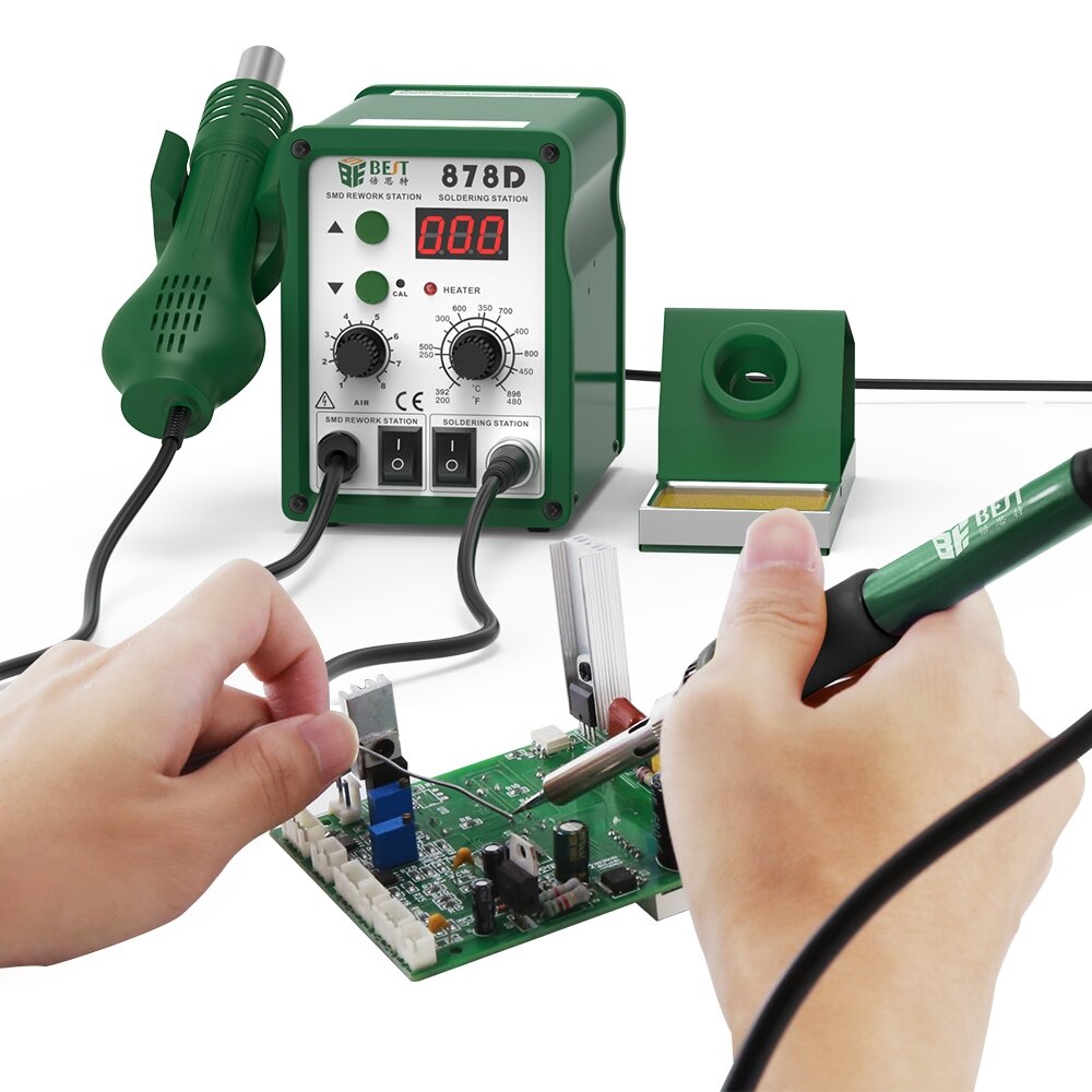 Image of BEST 878D 2 in 1 110V/220V Digital Display Lead-free Hot Air Gun Soldering Rework Station with 3 Nozzles