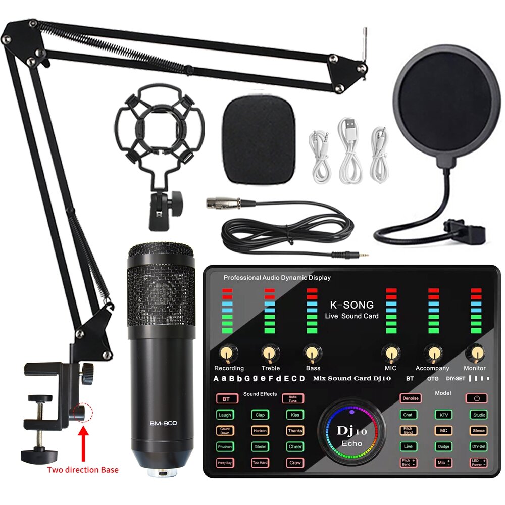 Image of BM800 Condenser Microphone with DJ10 bluetooth Sound Card Shock Mount Microphone for Gaming Live Broadcast for iPhone Ph