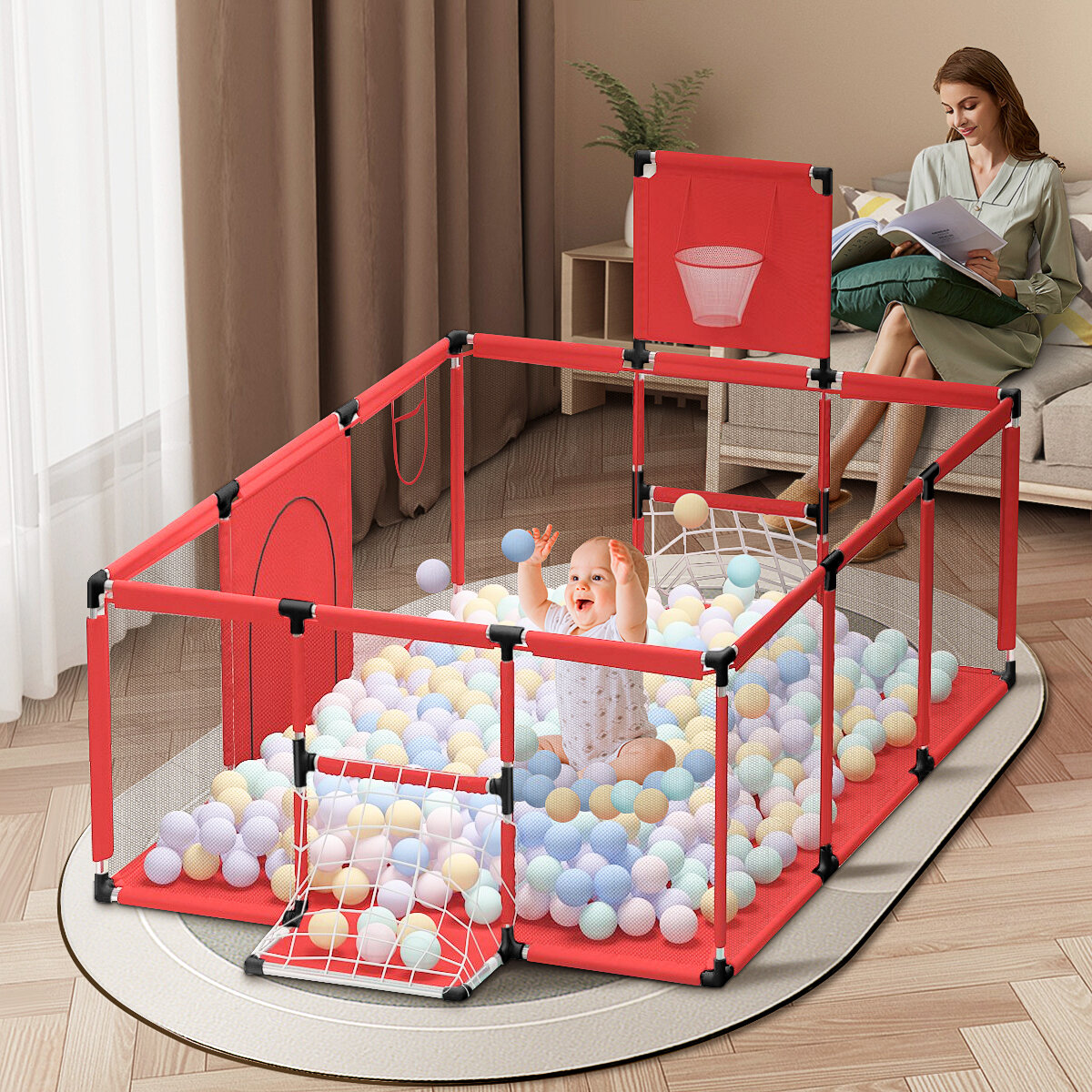 Image of Baby Playpen Oxford Cloth Children Infant Fence Safety Barriers Children Ball Pool Baby Playground Gym with Basketball F