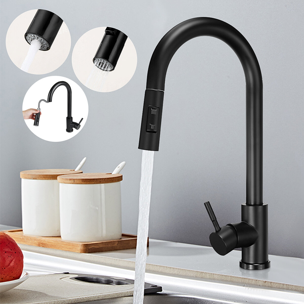 Image of Bakeey Brushed Nickel Stainless Steel Water Faucet Kitchen Sink Faucets Mixer 360 ° Rotation Pull Out Water Tap