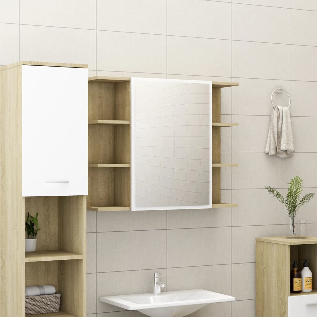 Image of Bathroom Mirror Cabinet White and Sonoma Oak 315"x81"x252" Chipboard