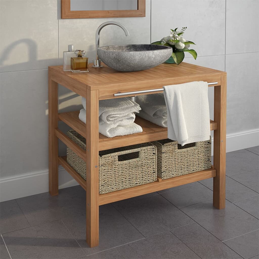 Image of Bathroom Vanity Cabinet with 2 Baskets Solid Teak 291"x177"x295"