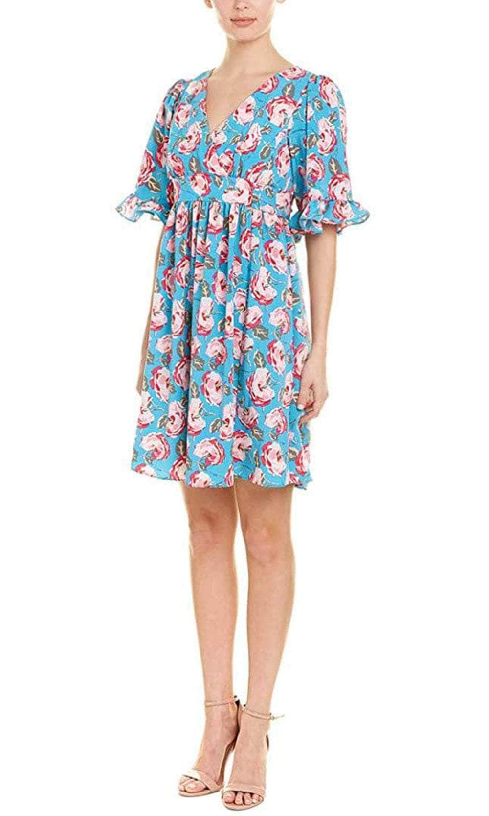 Image of Betsey Johnson FP01W26 - V-Neck Bell Short Sleeved Floral Short Dress