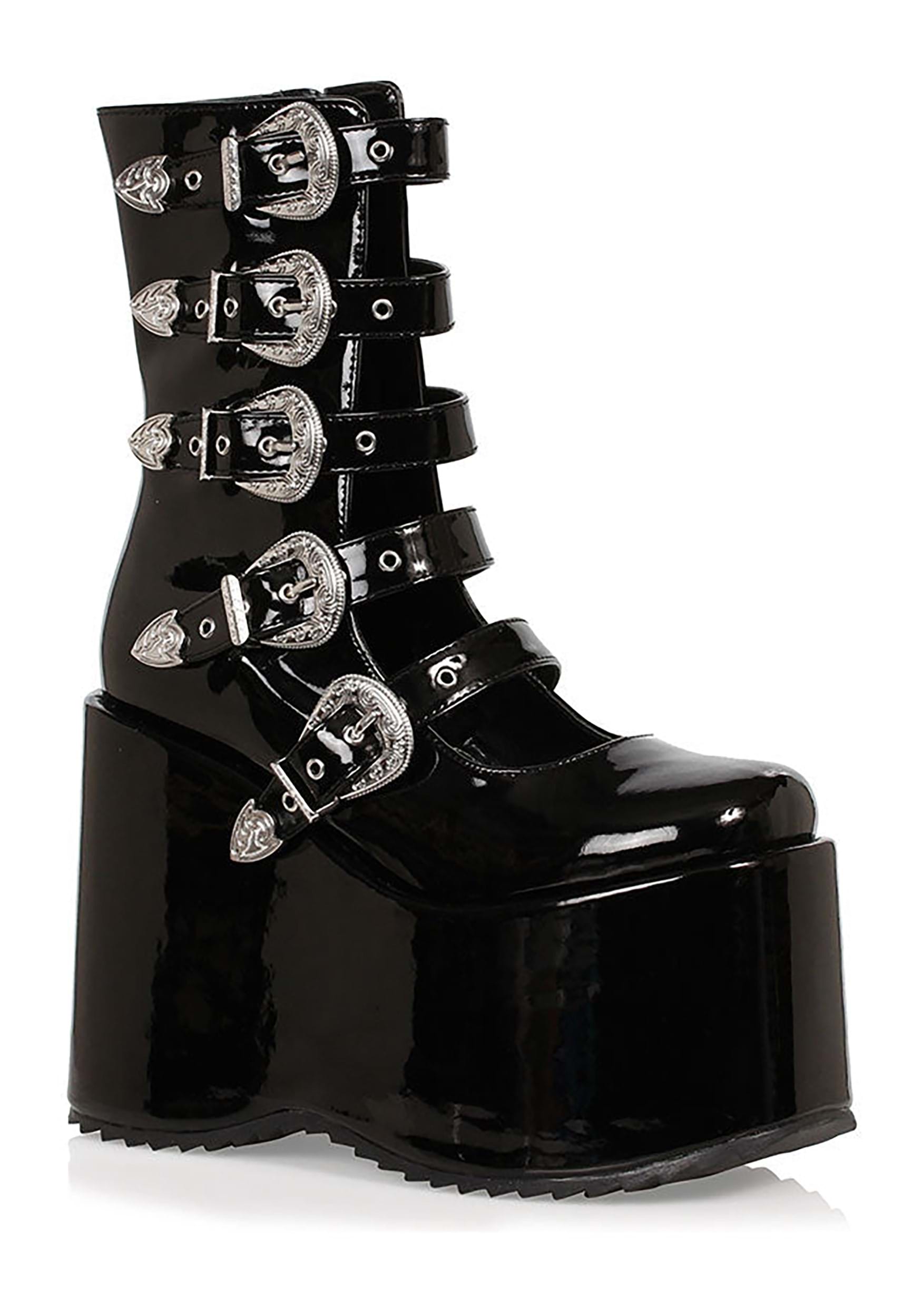 Image of Black Women's Platform Buckle Strap Boots ID EE500ASHBK-6