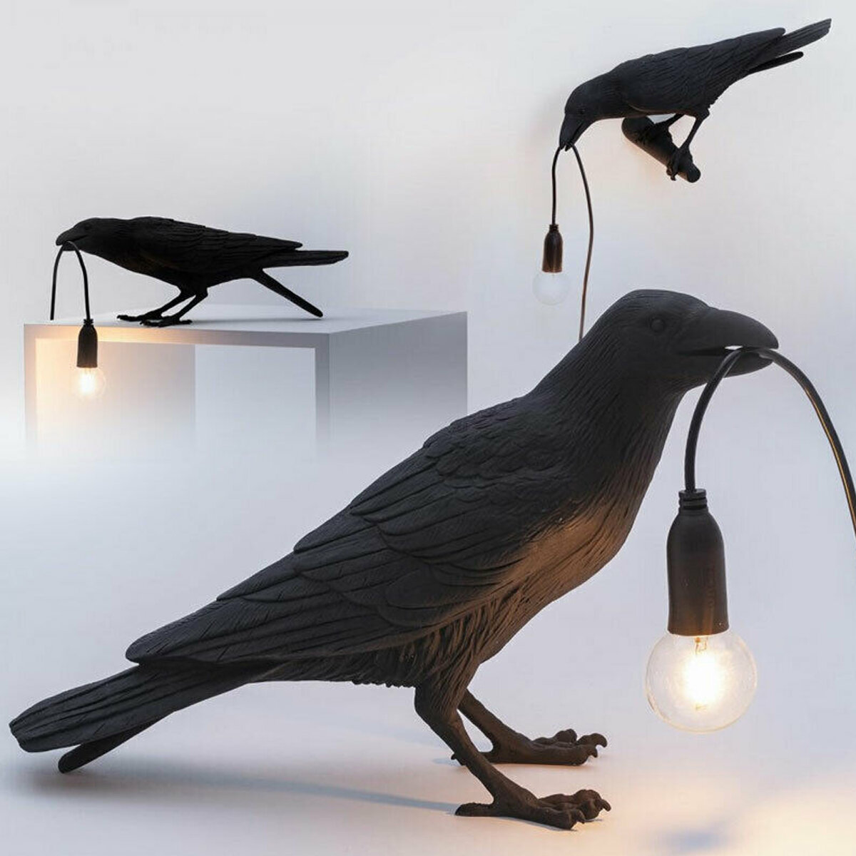 Image of Black/White Bird Table Lamps Resin Crow Desk Lamp Bedroom Wall Sconce Light Fixtures