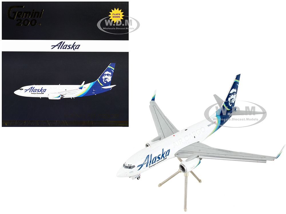 Image of Boeing 737-700BDSF Commercial Aircraft with Flaps Down "Alaska Air Cargo" White with Blue Tail "Gemini 200" Series 1/200 Diecast Model Airplane by Ge