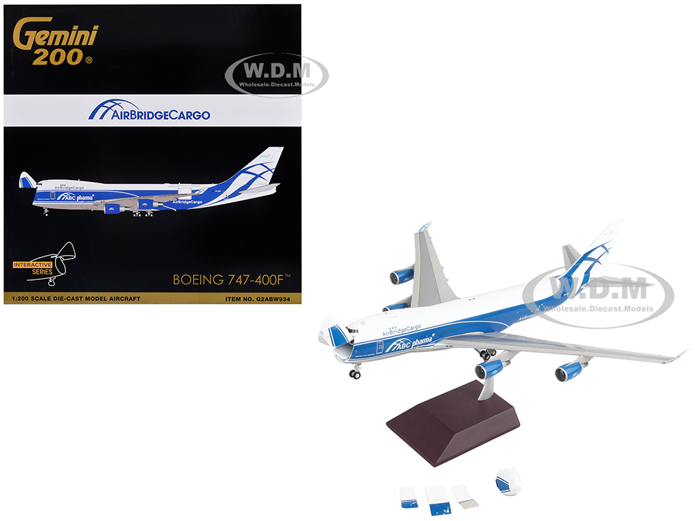 Image of Boeing 747-400F Commercial Aircraft "AirBridgeCargo Airlines" White with Blue Stripes "Gemini 200 - Interactive" Series 1/200 Diecast Model Airplane