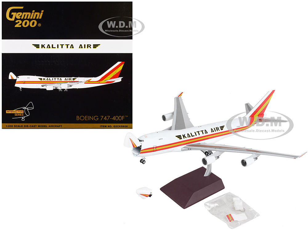 Image of Boeing 747-400F Commercial Aircraft "Kalitta Air" White with Stripes "Gemini 200 - Interactive" Series 1/200 Diecast Model Airplane by GeminiJets