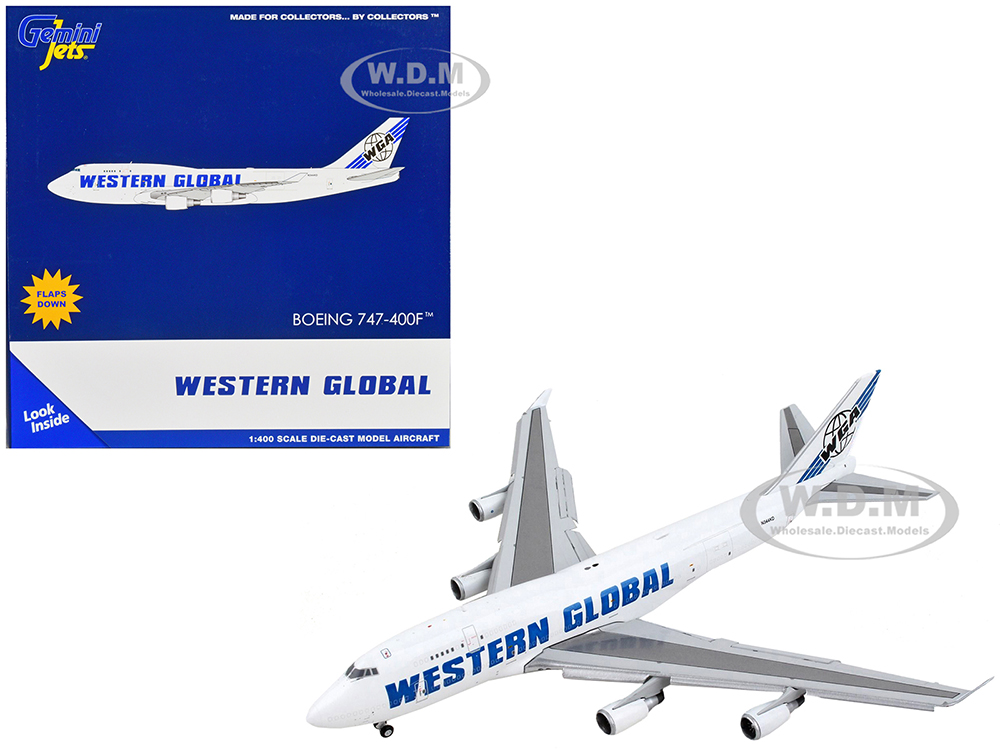 Image of Boeing 747-400F Commercial Aircraft with Flaps Down "Western Global" White with Blue Tail Stripes 1/400 Diecast Model Airplane by GeminiJets