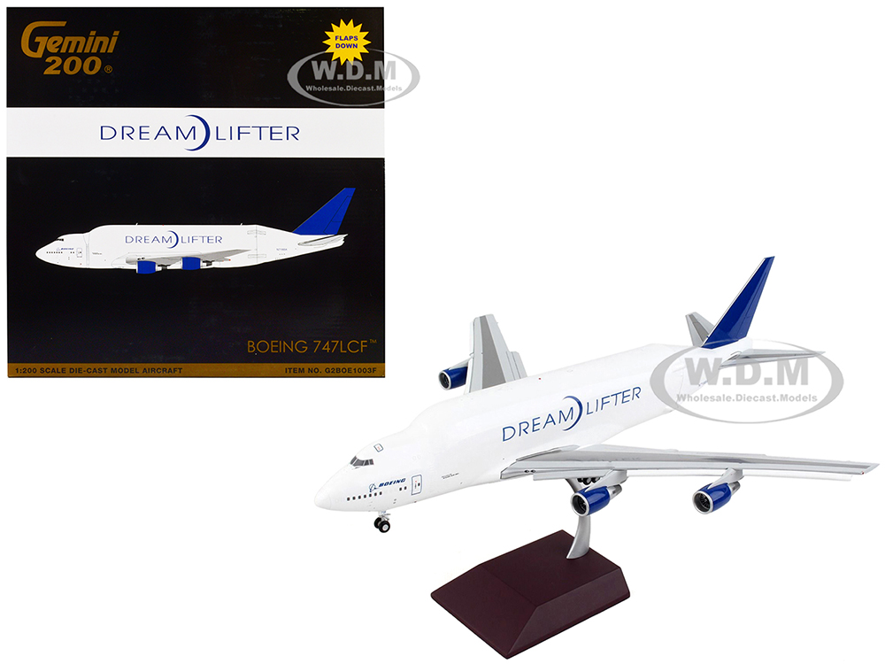Image of Boeing 747LCF Commercial Aircraft with Flaps Down "Dreamlifter" White with Blue Tail "Gemini 200" Series 1/200 Diecast Model Airplane by GeminiJets