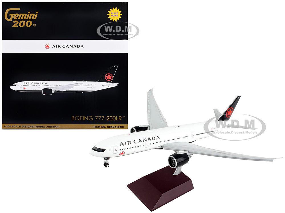 Image of Boeing 777-200LR Commercial Aircraft with Flaps Down "Air Canada" White with Black Tail "Gemini 200" Series 1/200 Diecast Model Airplane by GeminiJet