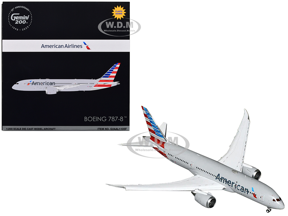 Image of Boeing 787-8 Commercial Aircraft with Flaps Down "American Airlines" Gray with Tail Stripes "Gemini 200" Series 1/200 Diecast Model Airplane by Gemin