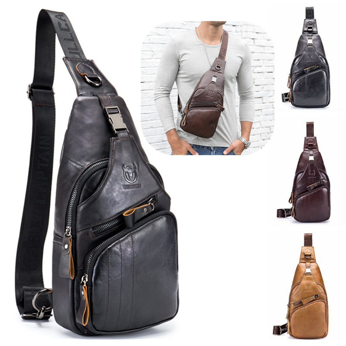 Image of Bullcaptain Genuine Leather Retro Chest Bag Outdoor Leisure Daypack Crossbody Bag for Men