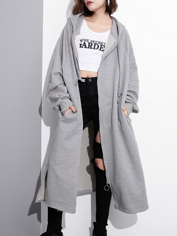 Image of Casual Women Solid Color Zip Up Long Sleeve Split Hooded Coat