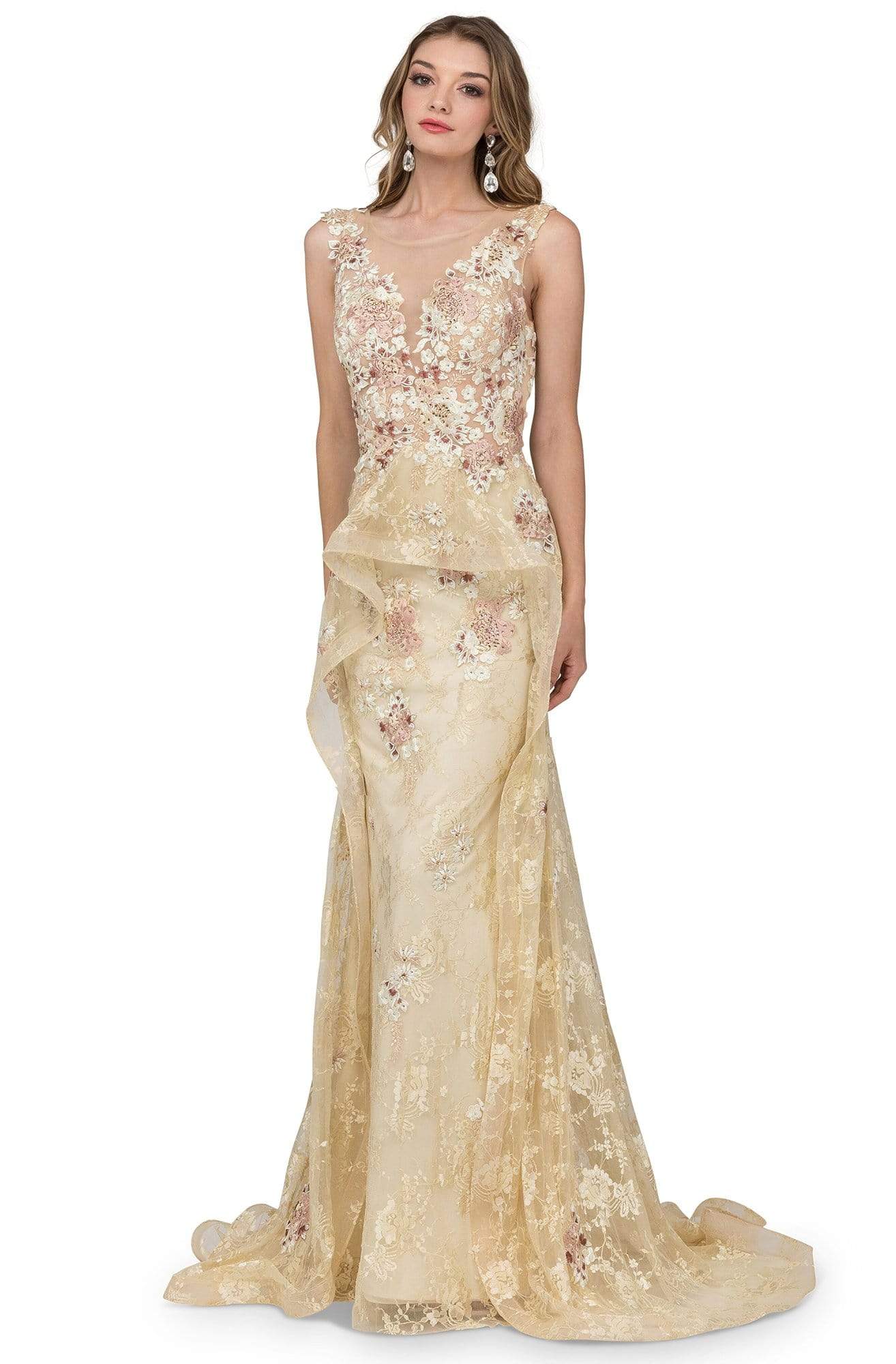 Image of Cecilia Couture - 1402 Floral Lace Embroidered Gown with Overskirt