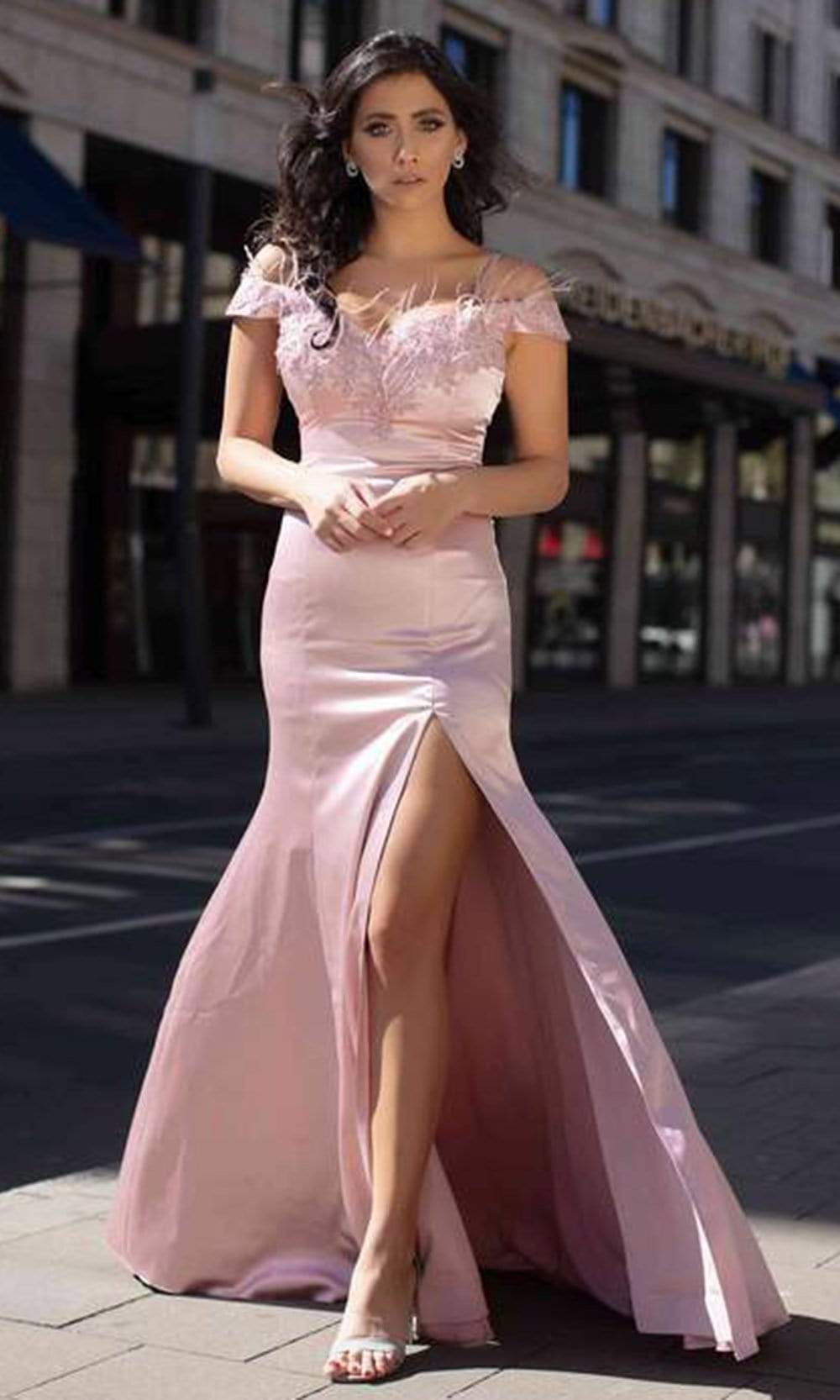Image of Chic and Holland - AN3010 Furry Off Shoulder Trumpet Modest Prom Gown