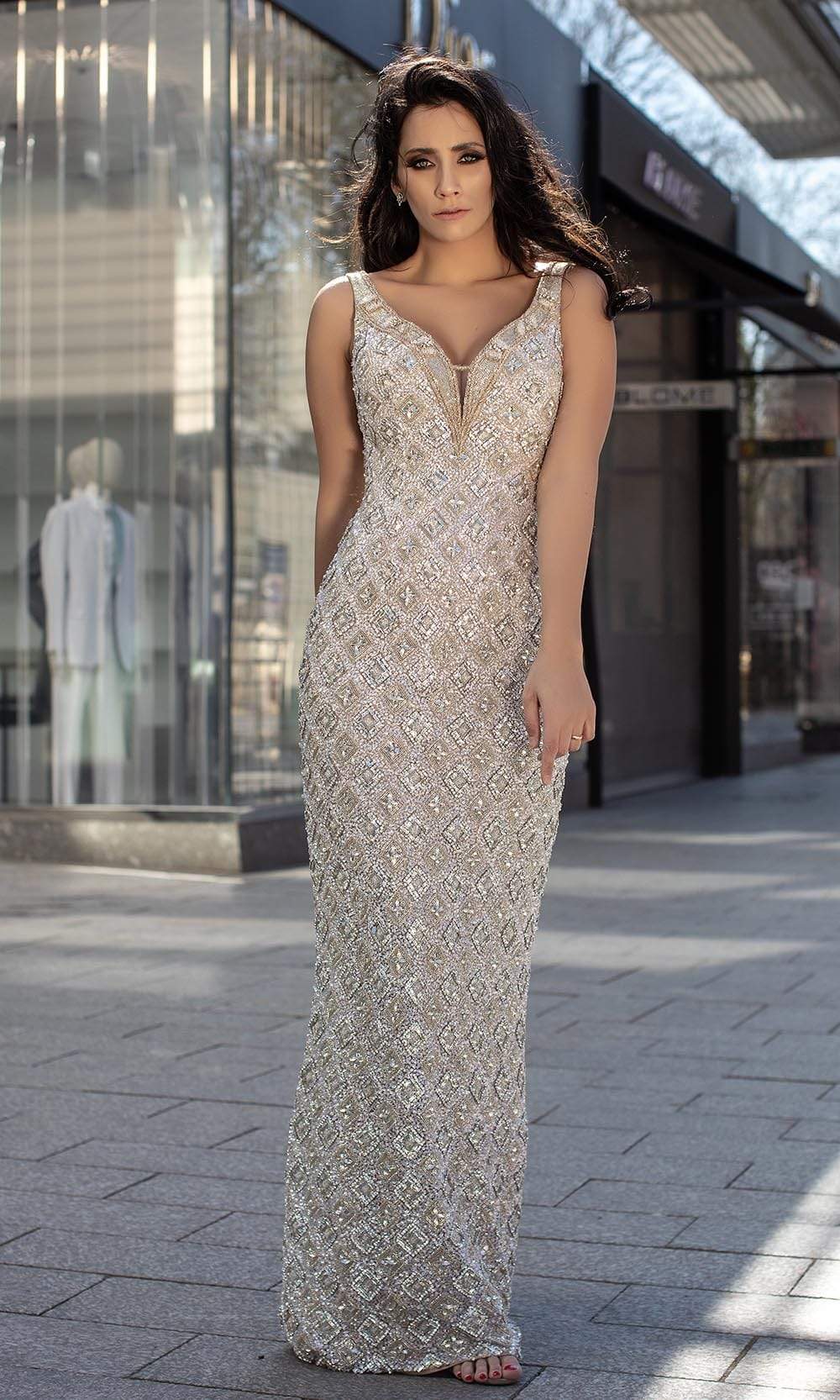Image of Chic and Holland - HF1544 Embellished Deep V-Neck Junior Prom Dress