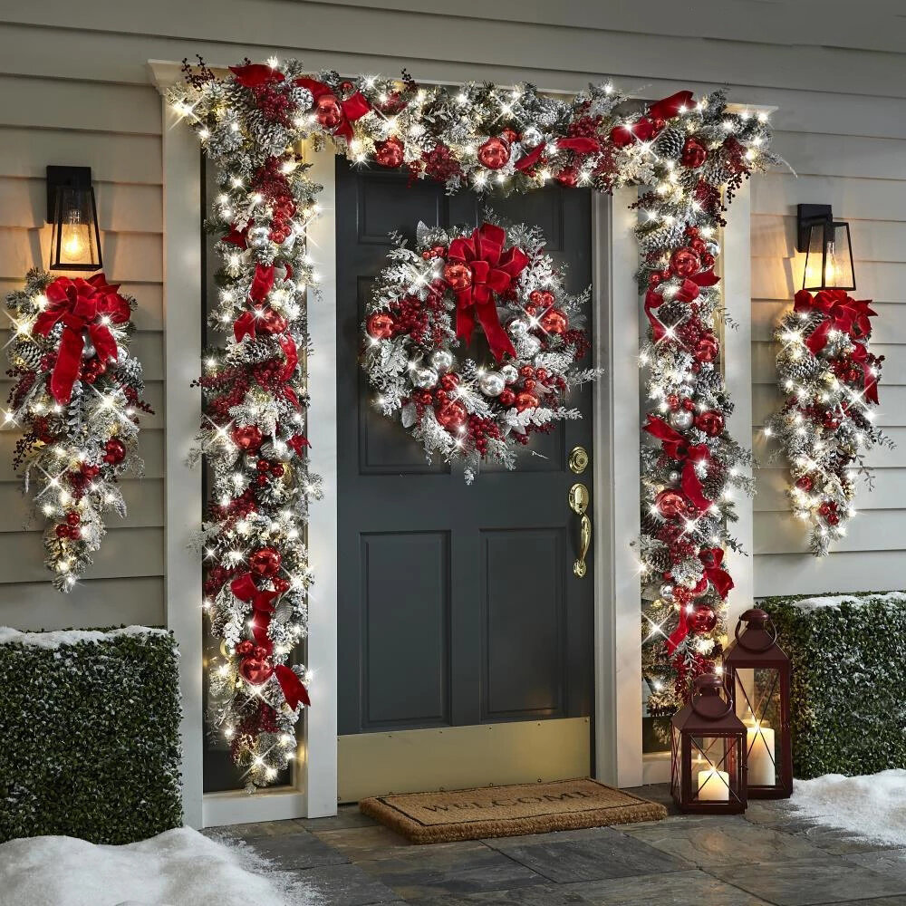 Image of Christmas Wreath Set Xmas Decorations Outdoor Signs Home Garden Office Porch Front Door Hanging Garland