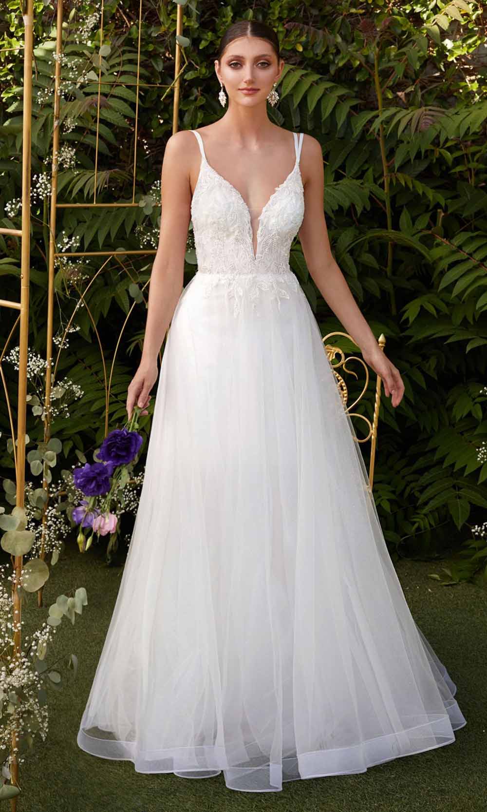 Image of Cinderella Divine - CD0154W Appliqued Deep V-Neck Layered Tulle Dress