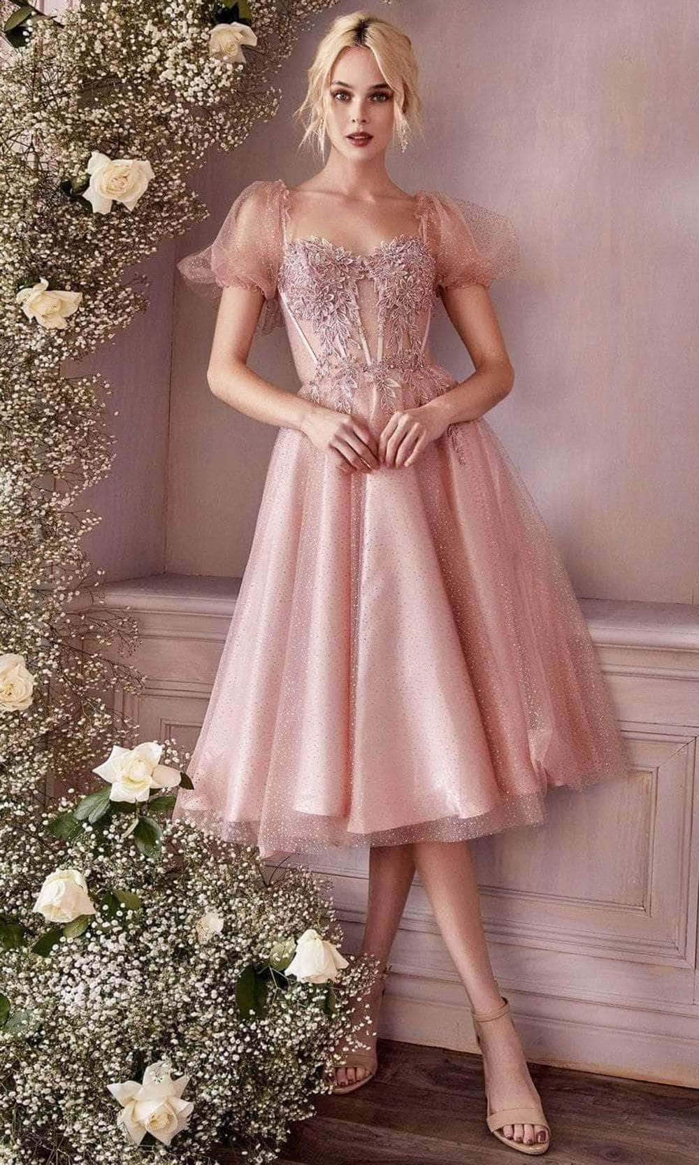 Image of Cinderella Divine CD0187 - Puff- Sleeve Tea-Length Dress