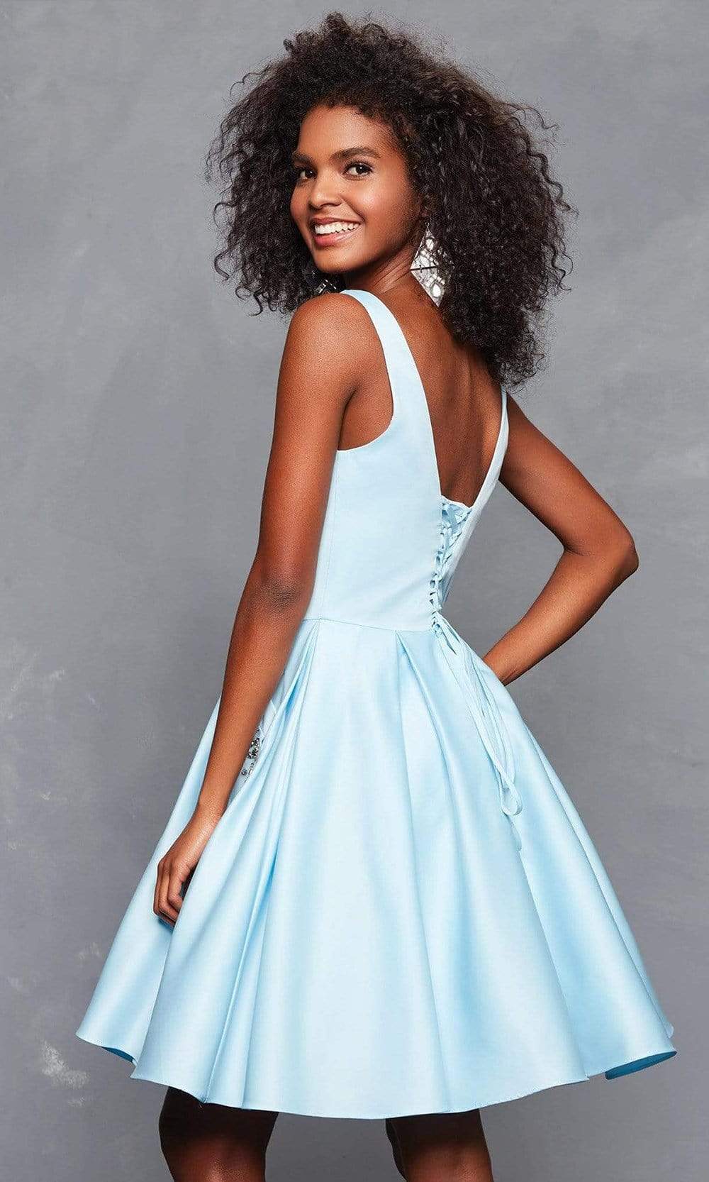 Image of Clarisse - 3613 Illusion Plunging V Neckline Fit and Flare Short Dress
