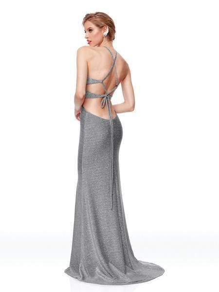 Image of Clarisse - 3789 Lace-Up Halter Shimmer Jersey Gown