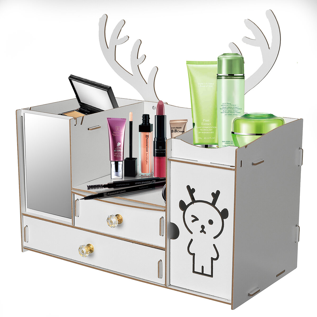 Image of Clear Wood Desk Cosmetic Organiser Lipstick Brush Holder Makeup Storage Case