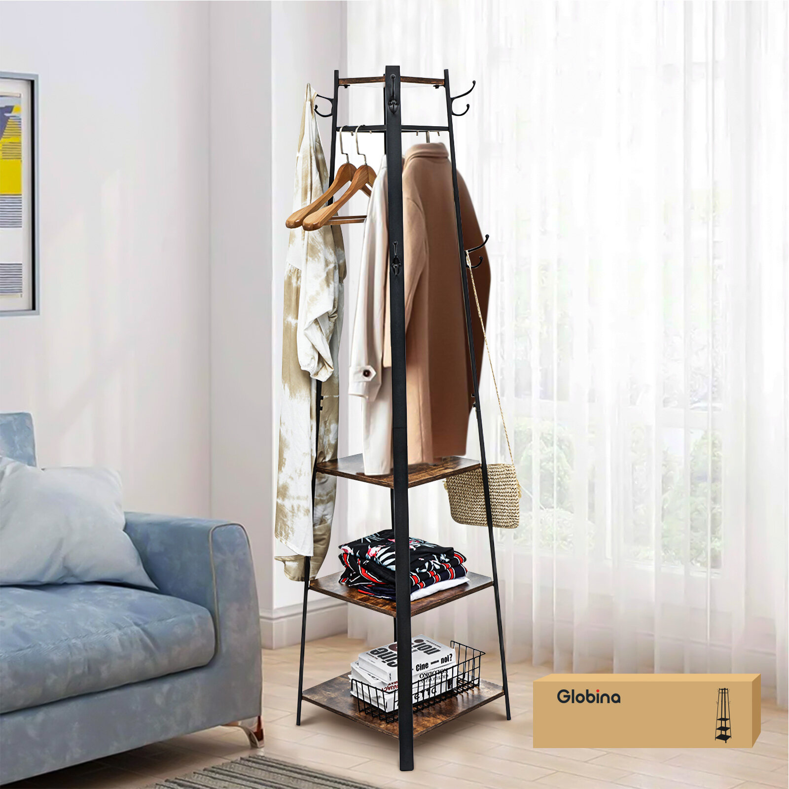 Image of Coat Rack Stand Free Standing with 8 Dual Hooks 3 in 1 Entryway Hall Trees with Shelves Industrial Wood Furniture with