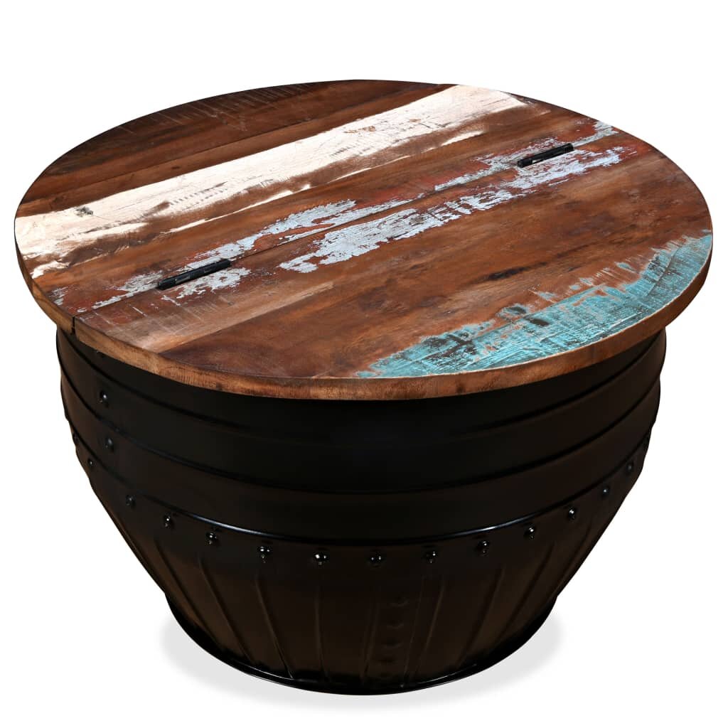 Image of Coffee Table Solid Reclaimed Wood Black Barrel Shape