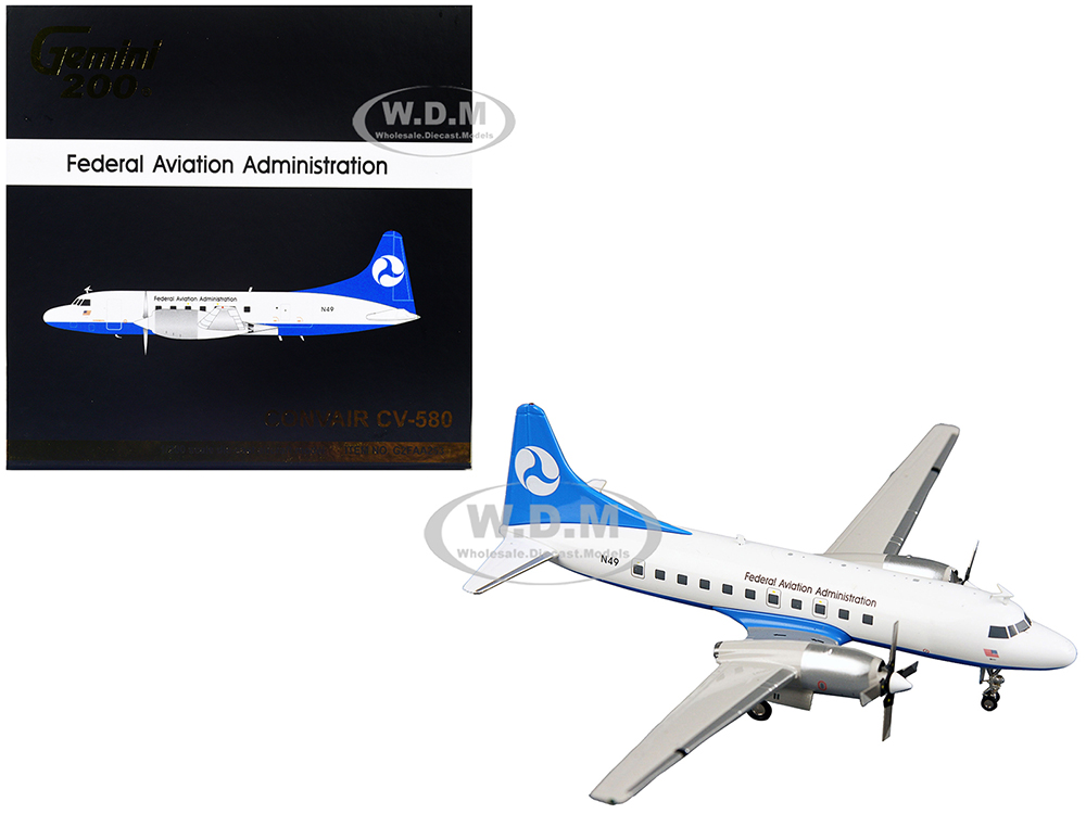 Image of Convair CV-580 Commercial Aircraft "Federal Aviation Administration" White with Blue Tail "Gemini 200" Series 1/200 Diecast Model Airplane by GeminiJ