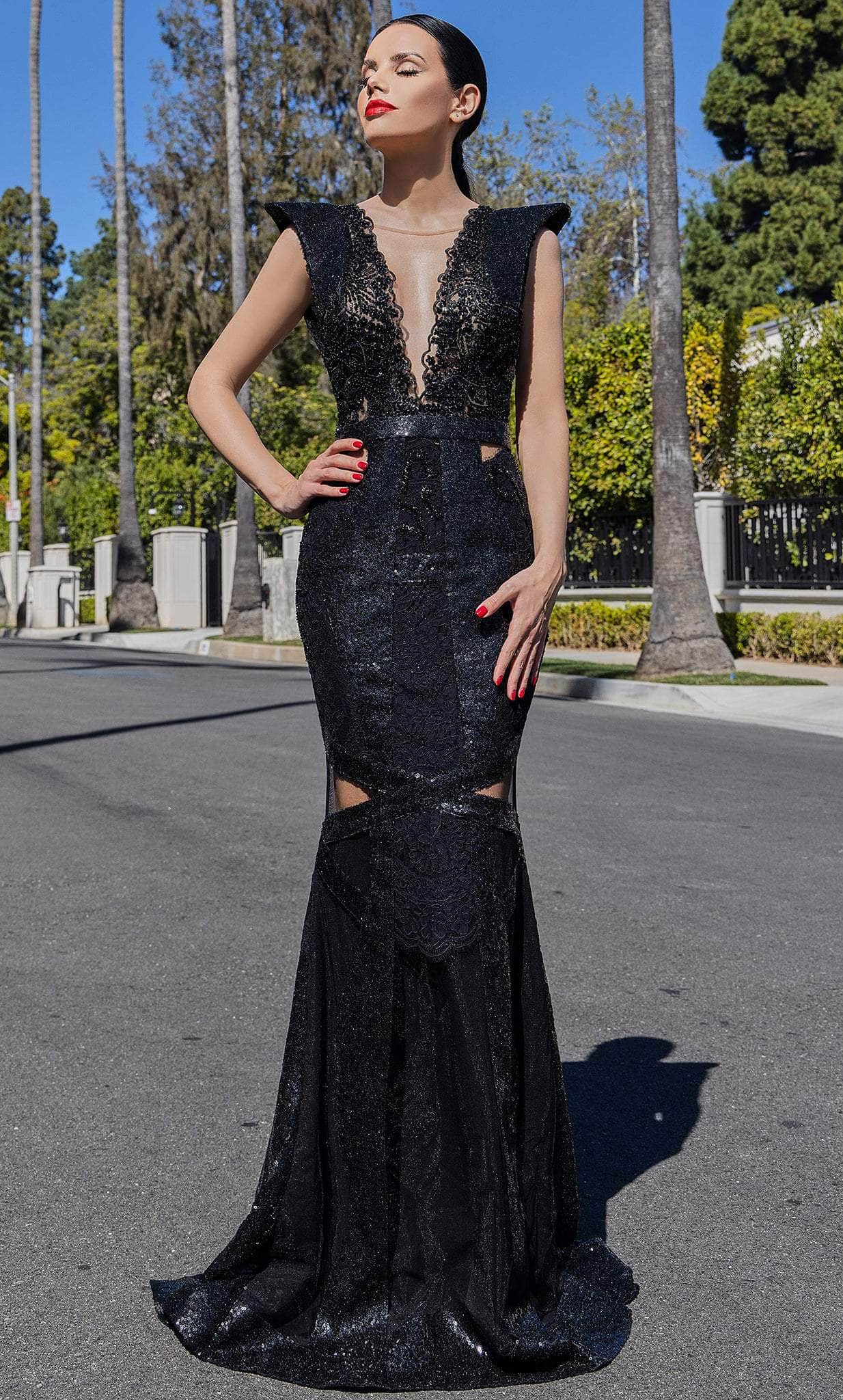 Image of Cristallini SKA1406 - Illusion Cutout Lace Evening Gown