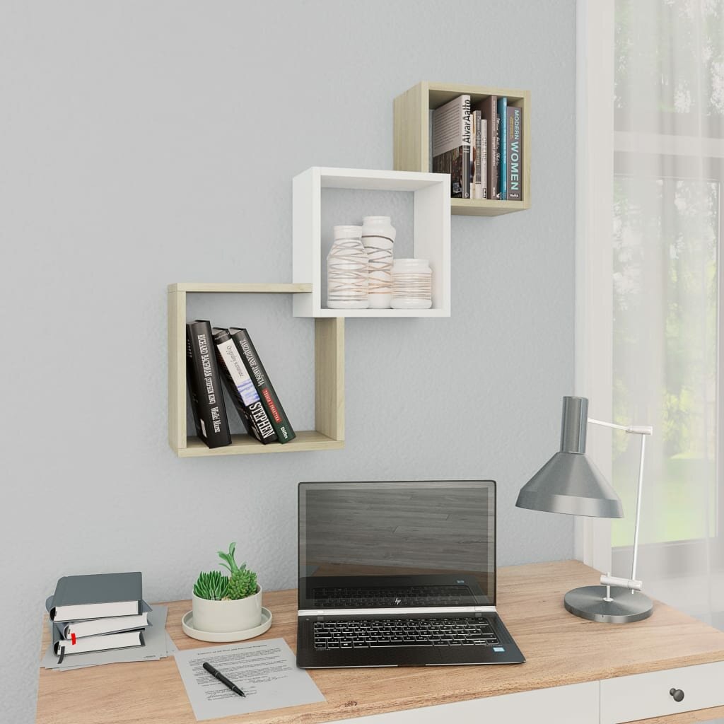 Image of Cube Wall Shelves White and Sonoma Oak 333"x59"x106" Chipboard