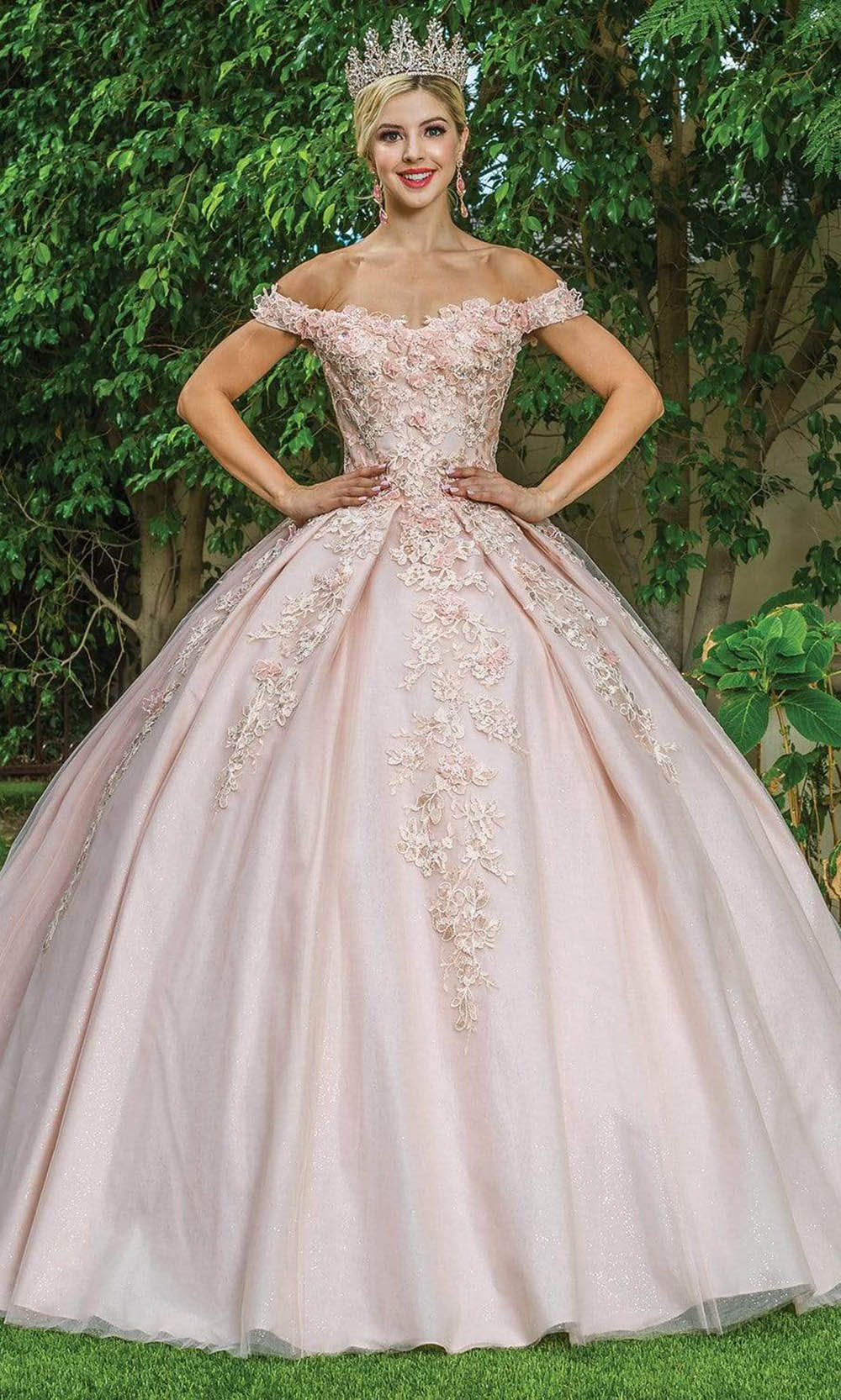Image of Dancing Queen - 1574 Floral Applique Off Shoulder Ballgown With Train