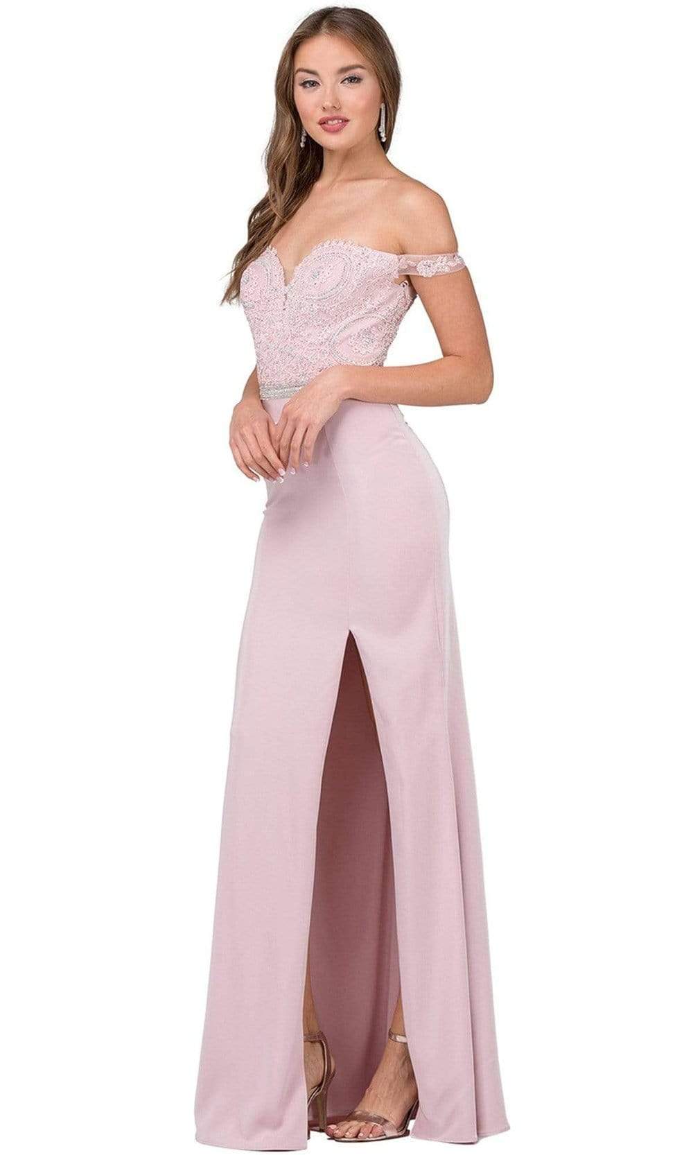 Image of Dancing Queen - 2164 Appliqued Plunging Off Shoulder High Slit Gown