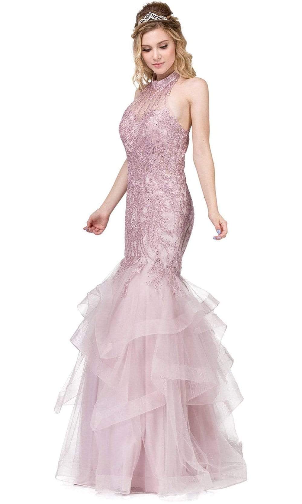 Image of Dancing Queen - 2447 Gold Applique Halter Tiered Mermaid Prom Dress