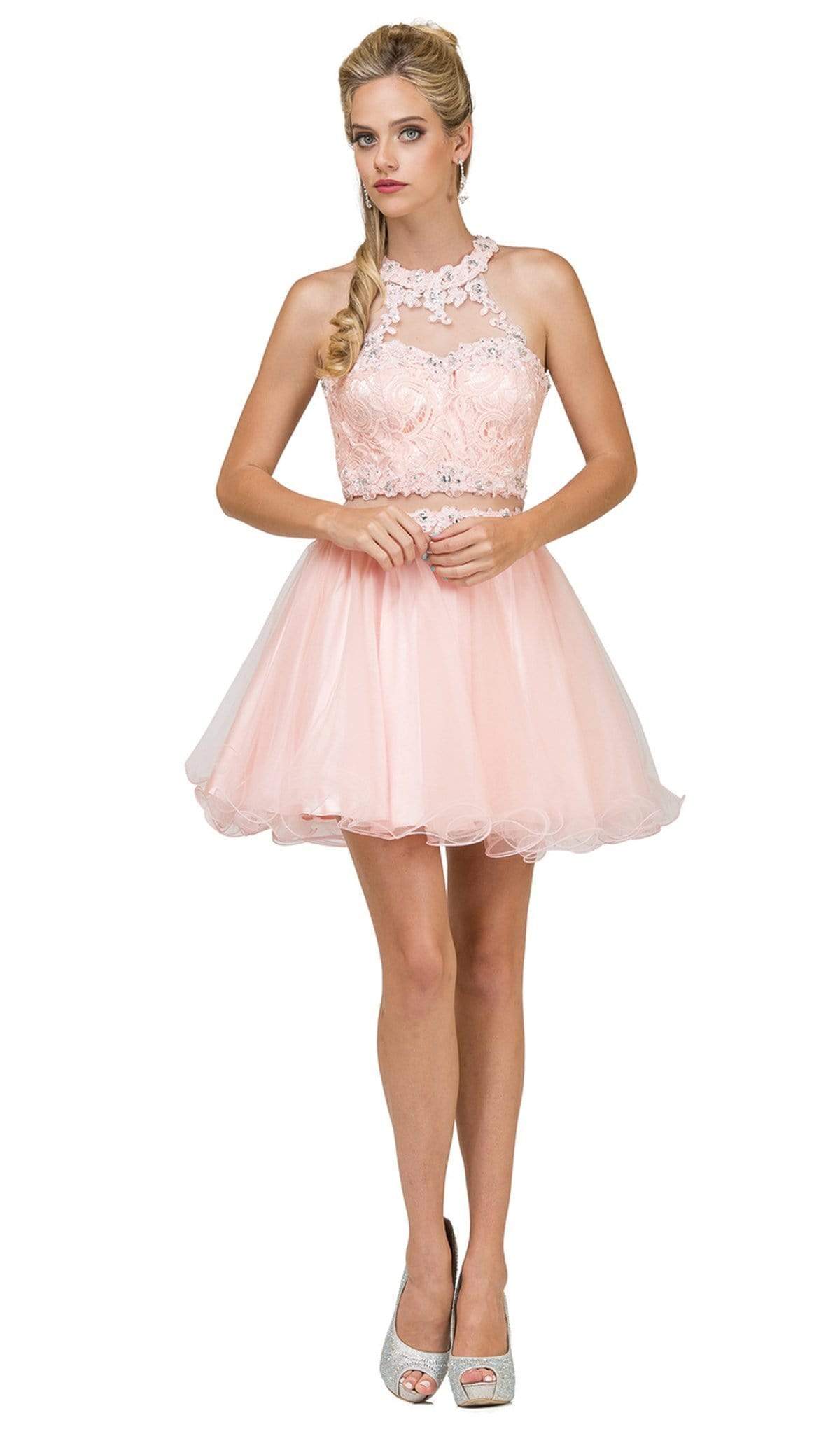 Image of Dancing Queen - 9631 Appliqued Illusion High Neck Two-Piece Cocktail Dress