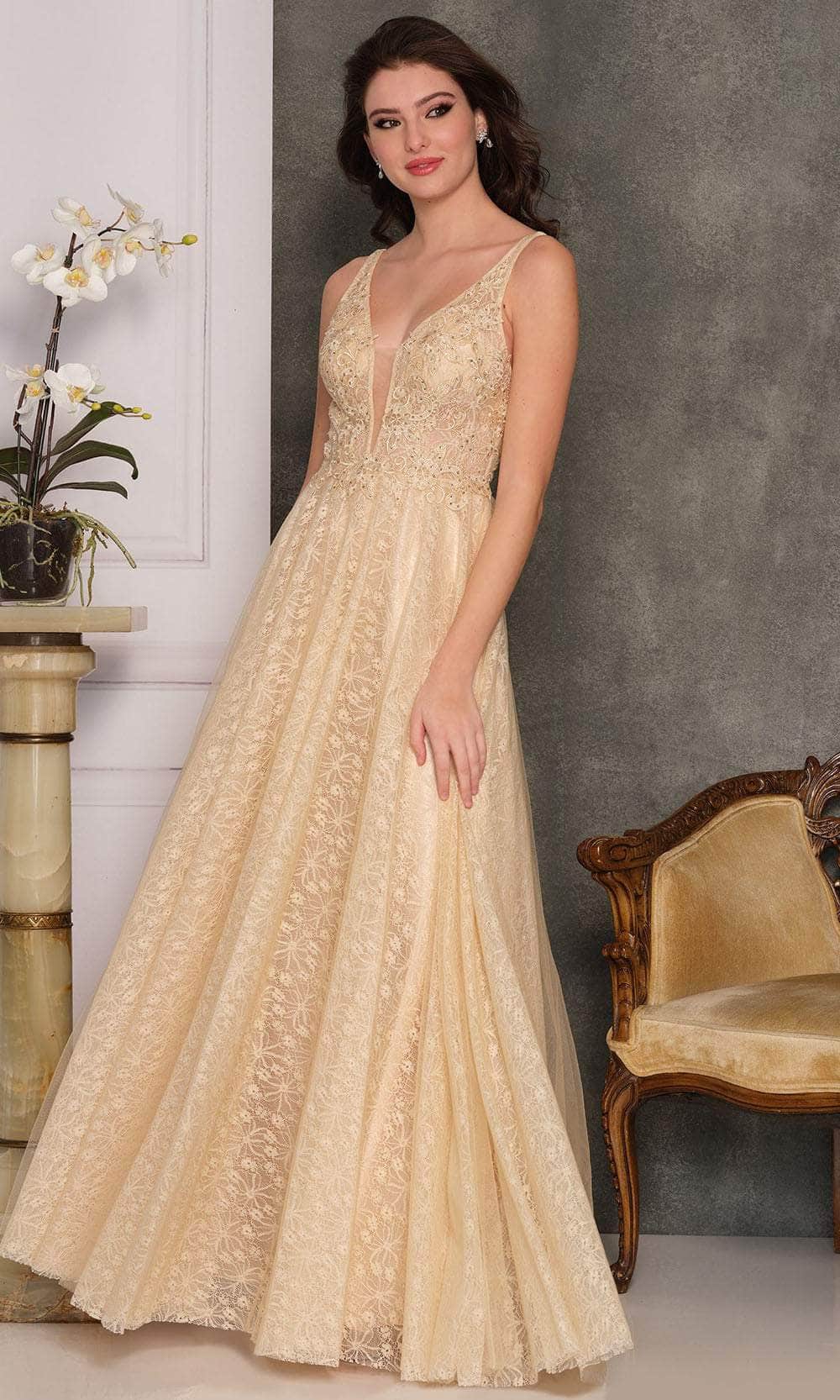 Image of Dave & Johnny A10406 - Laced Plunging Neckline Long Dress